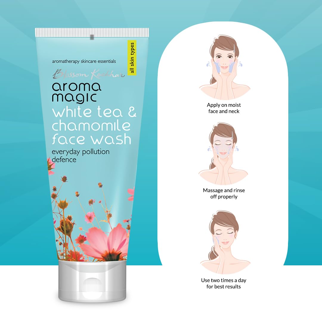 Aroma Magic White Tea & Chamomile Face Wash | Free Radical Damage Protection | Reduces Signs of Aging | Refreshing & Soothing | for All Skin Types | 3.38 Fl Oz/100ml