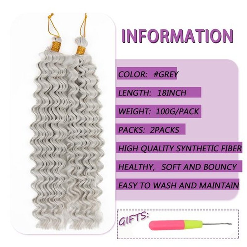 Deep Wave Crochet Hair 18 Inch 2 packs Long Curly Braiding Hair Extensions Ocean Wave Crochet Hair For Black Women Synthetic Ocean Wave Curly Crochet Hair For Boho Box Braids (#grey, 18inch, 2pack)