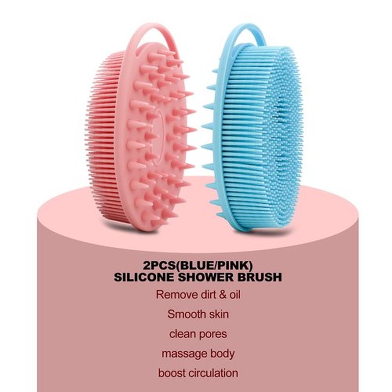 2 Pack Silicone Body Scrubber, Silicone Loofah Double-Sided Body Brush,Silicone Shower Scrubber and Scalp Massager Shampoo Brush for Sensitive Kids Women Men All Kinds of Skin (Pink & Blue)