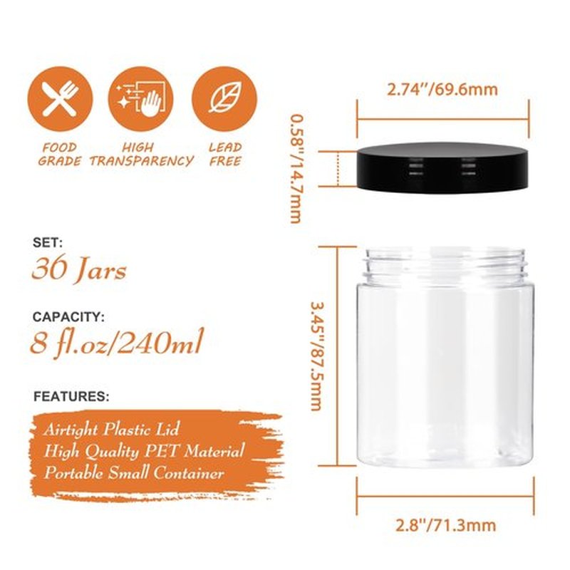 Jaisie.W 8oz Plastic Jars with Lids 36Pack, 8fl.oz Plastic Containers with Lids- Clear Food-grade Plastic Storage Containers with Black Screw Lid for Liquid and Solid Products (8fl.oz, 36Pack)