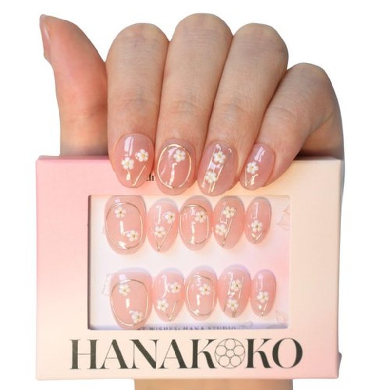 Hanakoko Press on Nails Handmade Nails 3D Press on Nails Short Medium Oval Almond Nails Fake Nails Glitter Cat Eye Nails Gel Nails Durable Reusable False Nails 10 Pcs (Akana Nude, L)