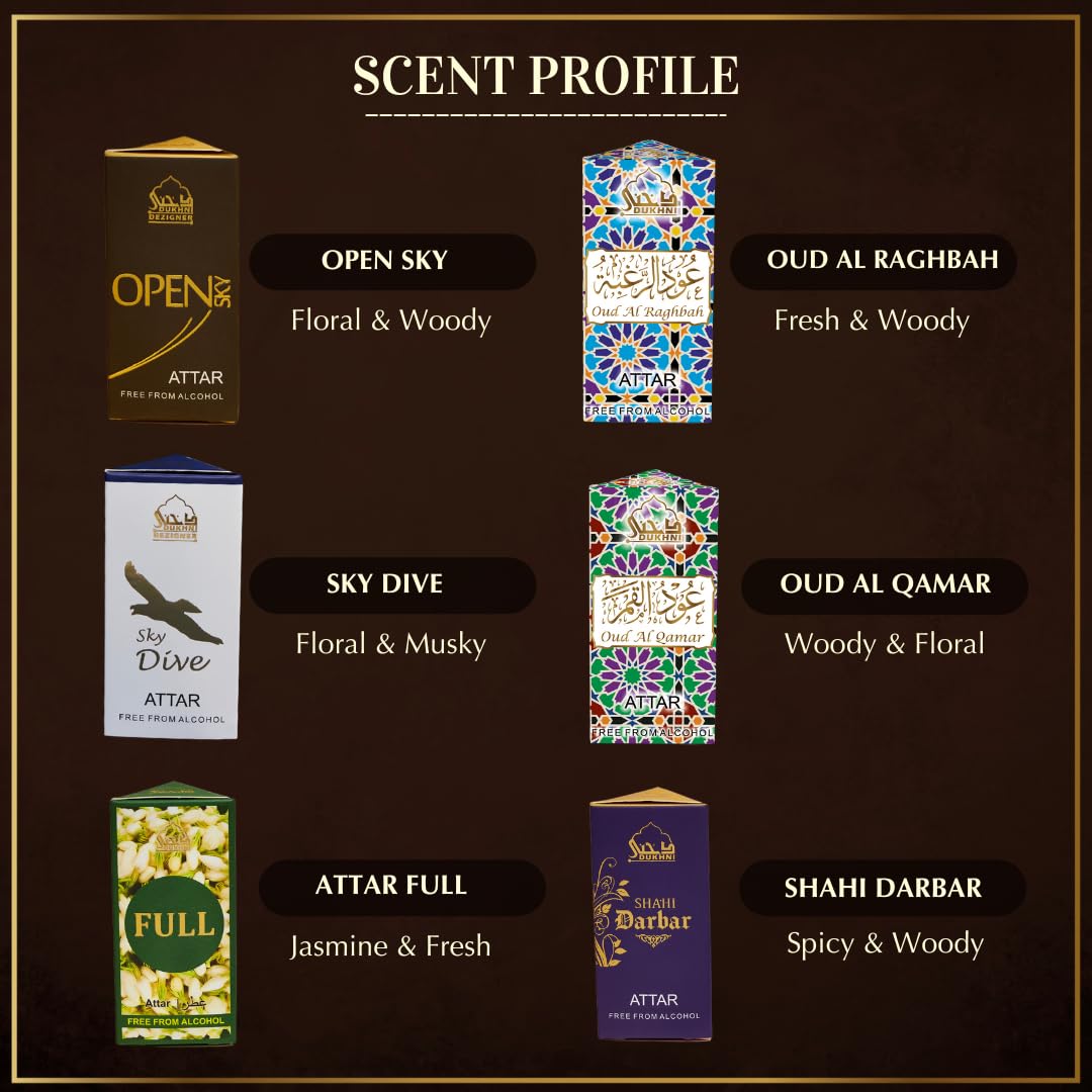 Dukhni Mixed Attar Oil Set | 6 Rollerball perfumes x 6ml | Best Arabic Perfumes for Men & Women | Pure Oudh Musk & Jasmine Arabic Oils | Non-Alcoholic & Vegan | Great for Everyday Office Wear