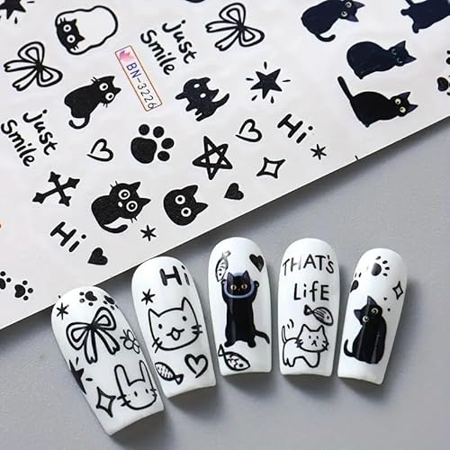 Cute Nail Art Stickers Black White Cat Water Transfer Nail Stickers Cat Paw Cute Animals Water Transfer Nail Decals 3D Self Adhesive Nail Art Supplies Heart Designs Nail Decals 12PCS