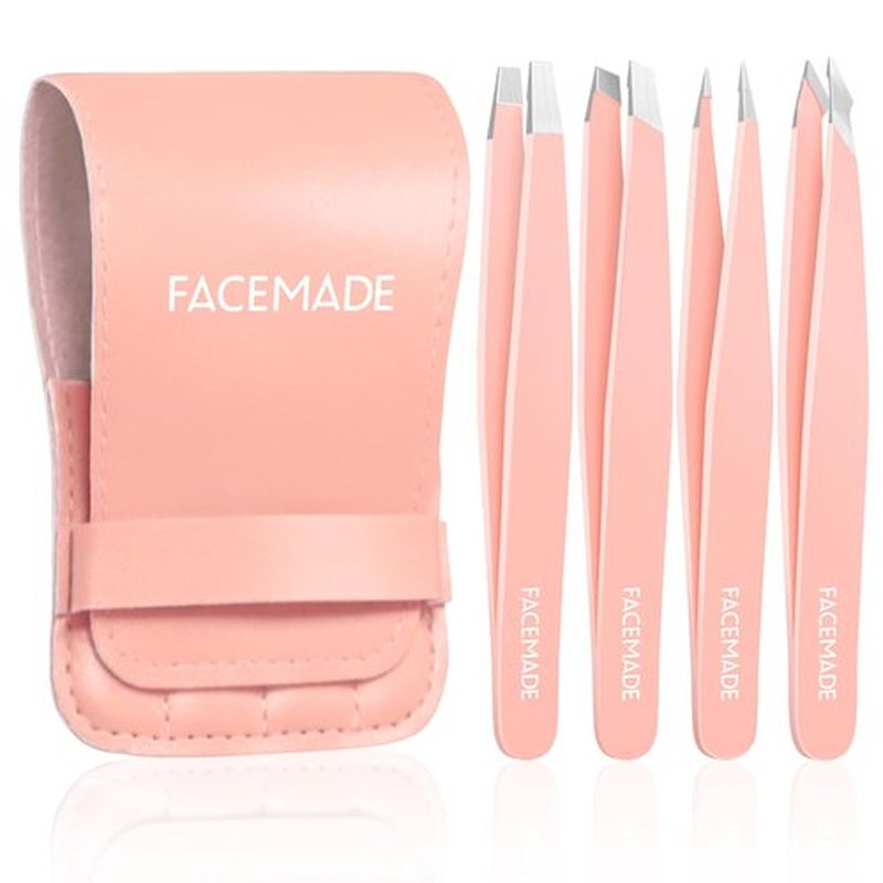 FACEMADE 4 Pack Tweezers Set - Professional Stainless Steel Tweezers for Men and Women, Precision Eyebrow Tweezers for Facial Hair, Chin, and Ingrown Hair Removal (Pink)