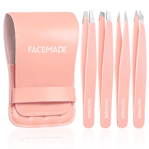 FACEMADE 4 Pack Tweezers Set - Professional Stainless Steel Tweezers for Men and Women, Precision Eyebrow Tweezers for Facial Hair, Chin, and Ingrown Hair Removal (Pink)