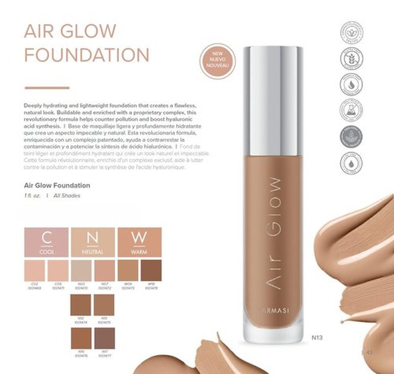 Farmasi Air Glow Foundation, Deeply hydrating and Lightweight Skincare Effects, Sea-Water formula, Natural-looking Skin Hydrated Softer and Smooter, Buildable Hylauronic Coverage 1 Fl Oz / 30 ML - N17