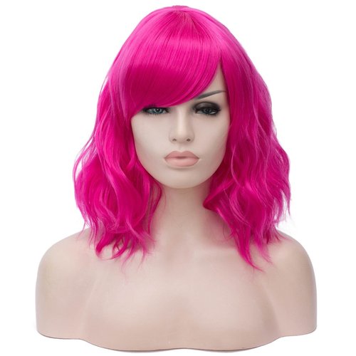 BUFASHION 14" Women Short Wavy Curly Wig Pink Bob Wig Cosplay Halloween Synthetic Wigs with Side Bang Wig (Pink)