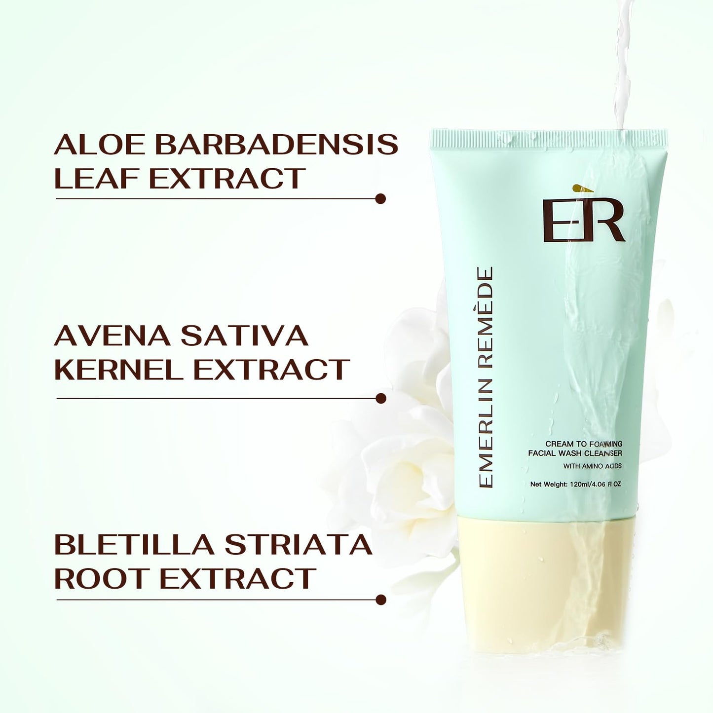 Emerlin Remède Cream-to-Foam Cleanser with Aloe Water, Ceramide NP, Hyaluronic Acid & Xylitol, Hydrating Barrier Support for Oily to Normal Skin, 120ml