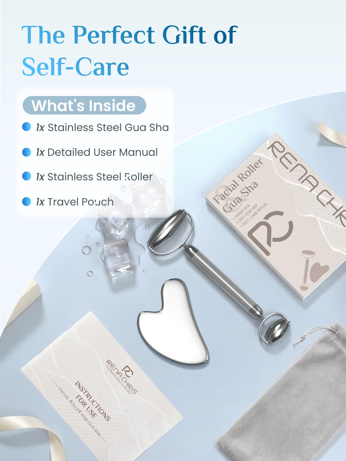 Rena Chris Gua Sha and Face Roller Set: Anti-Breakage Stainless Steel Roller for Long-Lasting Use, Jawline Sculpting and Puffiness Reducing, Gua Sha Facial Tools for Self Care Gift (Silver)