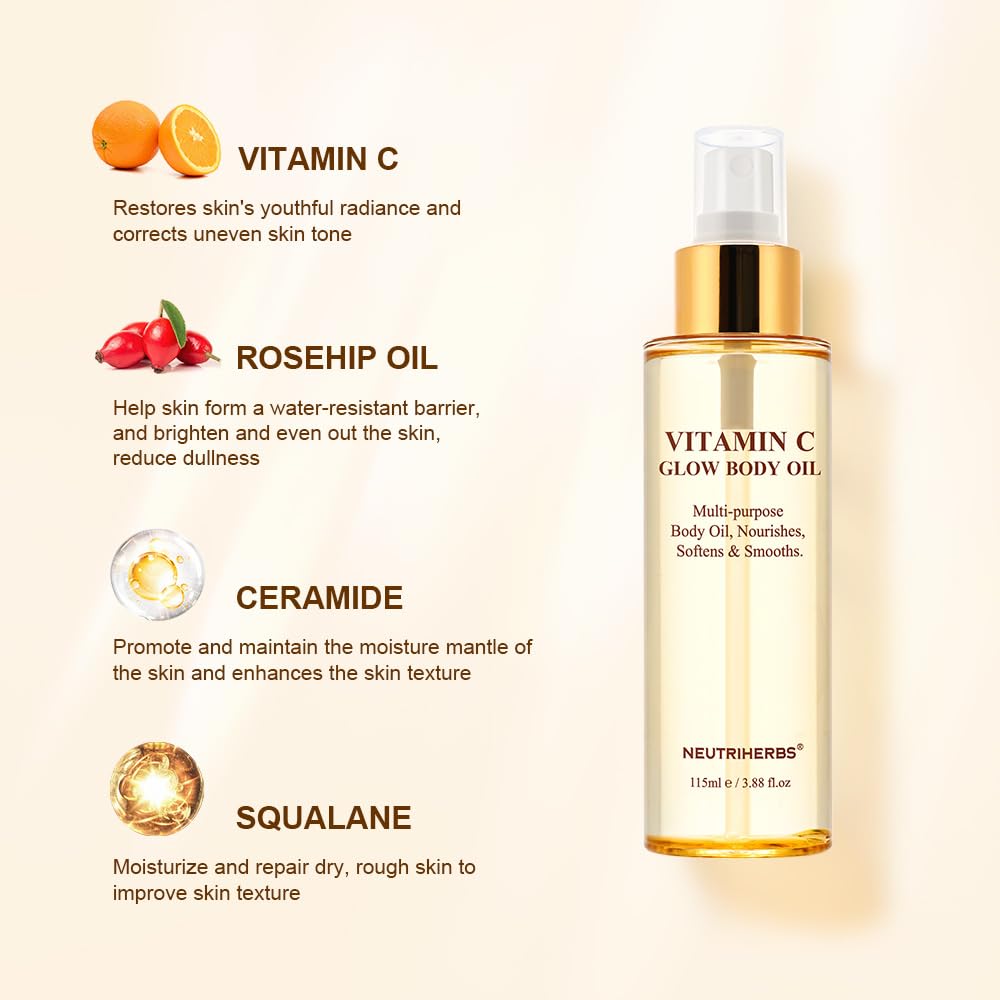 Neutriherbs Body Rosehip Oil for Dry Skin, Moisturizer/Hydrating/Glow/Brightening/Body Massage rosehip seed Oil for All Skin Types 115 ml / 3.88 oz