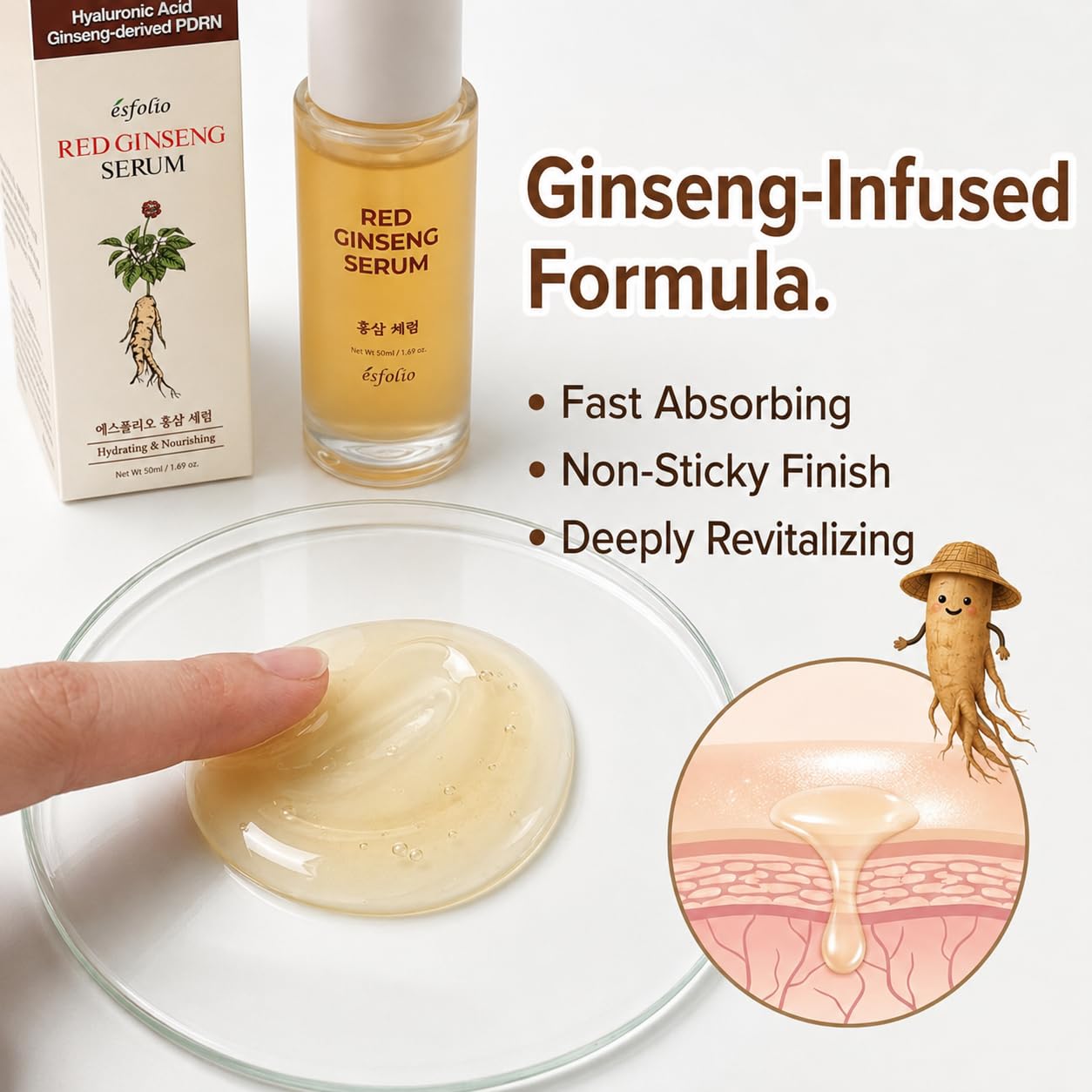 Esfolio made in Korea Red Ginseng Serum 1.69 Fl Oz, Lightweight Facial Serum with Red Ginseng Extract, Fast Absorbing Daily Face Serum for Soft and Refreshed Skin, Korean Skincare