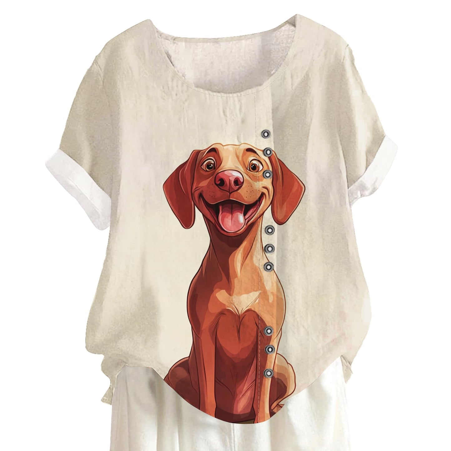 Xernbit Cute Cartoon Dog Print Shirt Summer Womens Loose Lightweight Short Sleeve Round Neck Blouse Fashion Casual Comfy Graphic Tops Beach Dachshund XL