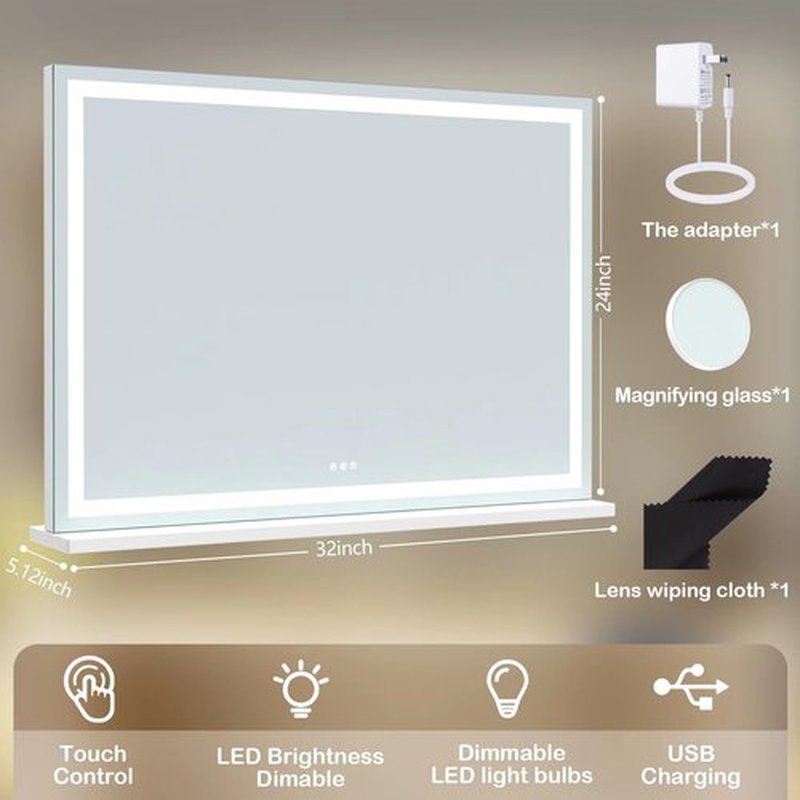 Gvnkvn Makeup Vanity Mirror with USB Charging Port 32" x 24" Large LED Makeup Mirror, Desk Mirorr with Lights, Light up Mirror with 10X Magnification and, Dimmable 3 Modes, Touch Screen Control