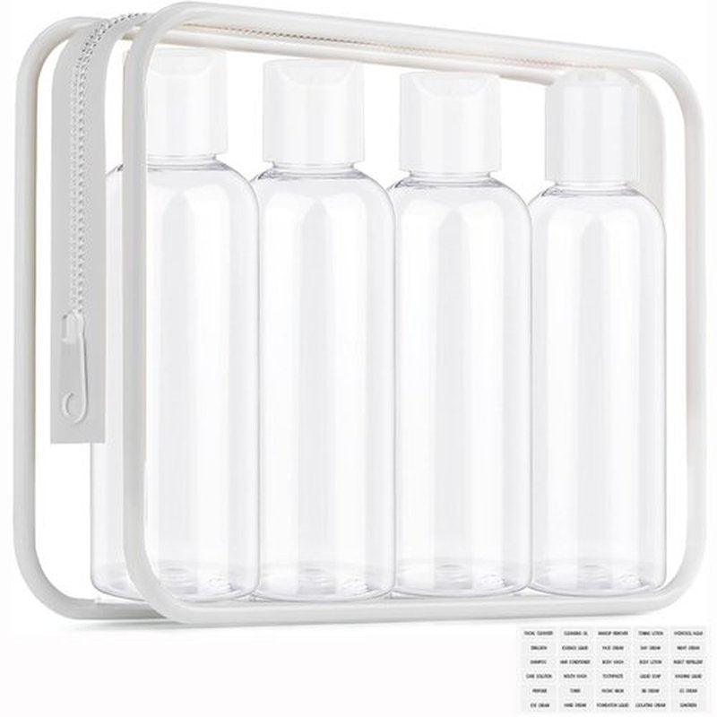 Clear Toiletry Travel Bottles, 3.4oz/100ml TSA Approved Empty Containers with Toiletry Bag - Cosmetic Kit with Labels for Shampoo, Conditioner, Lotion, and Airplane Accessories(4Pack, White)