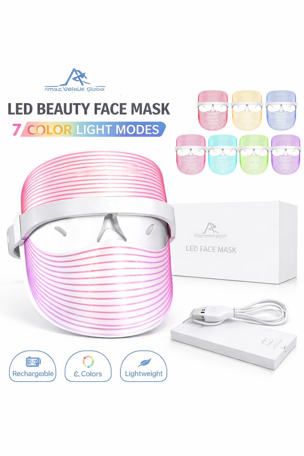 AmazValue Global LED Beauty Face Mask with 7 Colour Light Modes – Rechargeable Facial Skincare Mask for Home Use, Lightweight Face Mask for Daily Beauty Routine
