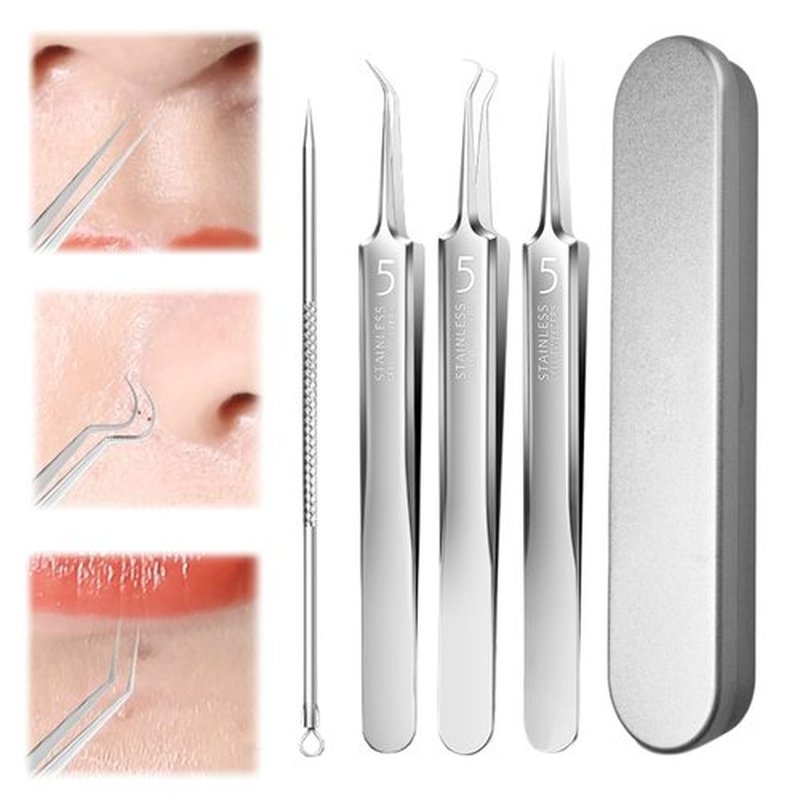 xwxwseui Usiveinborn Blackhead Remover Upgraded, Usiveinborn Blackhead Tweezers, Professional Upgraded Facial Blackhead Remover Tweezers, Blackhead Remover Tools Sets (A1-Silver-4pcs)