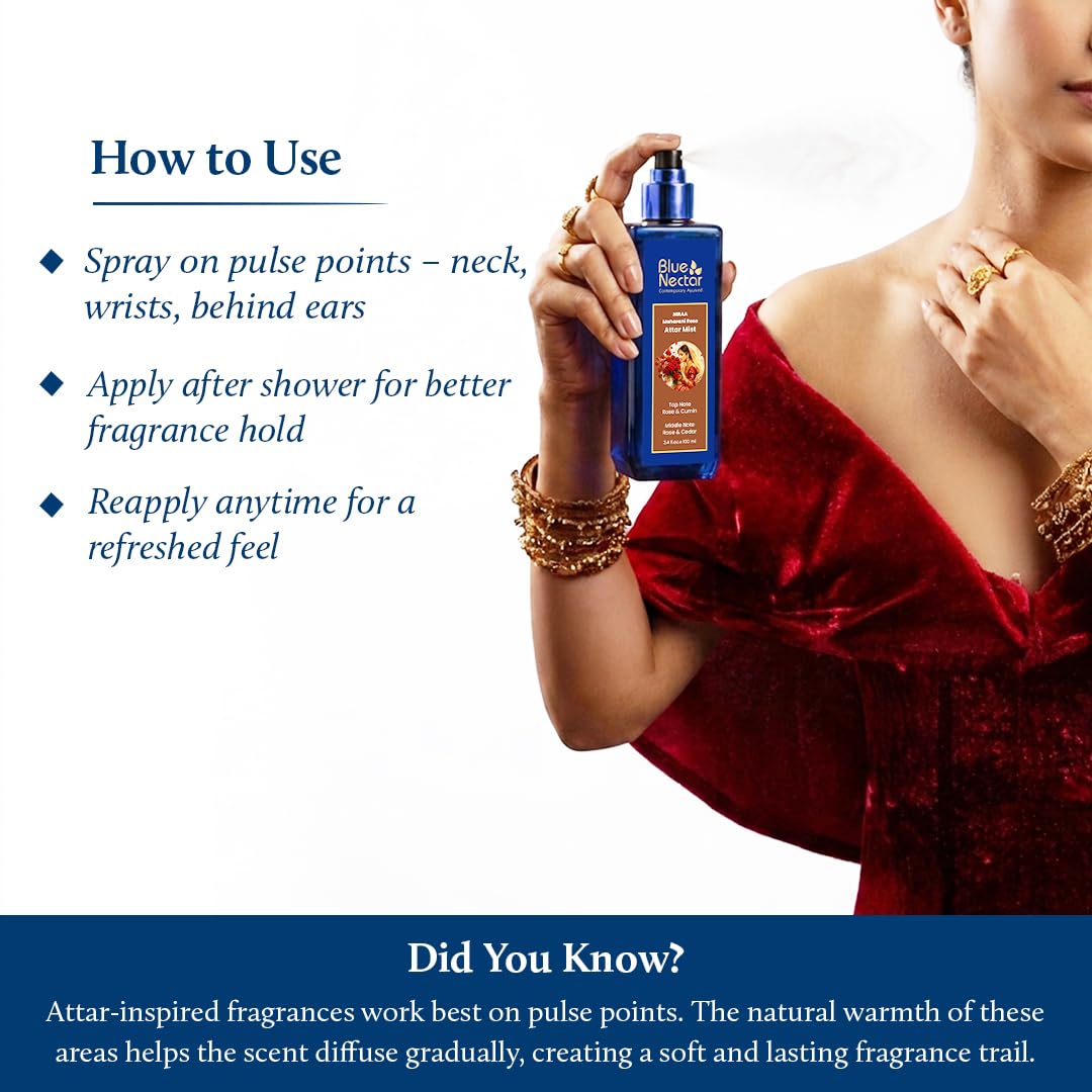 Blue Nectar Maharani Rose Attar Mist with Cumin & Sandalwood | Long-Lasting Perfume Mist for Women | Floral Essence | Travel-Friendly Body Mist Spray (3.38 Fl Oz)