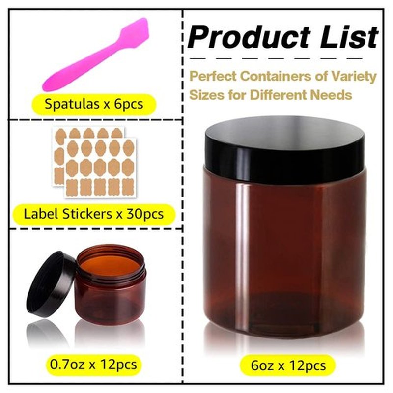 AMORIX 8oz Amber Plastic Jars with Lids 8 oz Plastic Containers with Lids + 20g Sample Containers (Set of 24) Airtight Container for Lip Scrub, Body Butters, Cream, Slime, Craft Storage