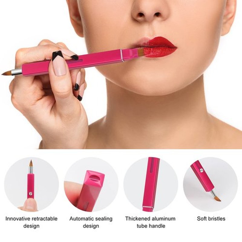Unaone Retractable Lip Brush for Lipstick, 2 Pieces Double-ended Lip Applicator with Cap, Portable Lip Liner Brush Lip Gloss Eyeshadow Smudge Concealer Brush (Black/Rose Red)