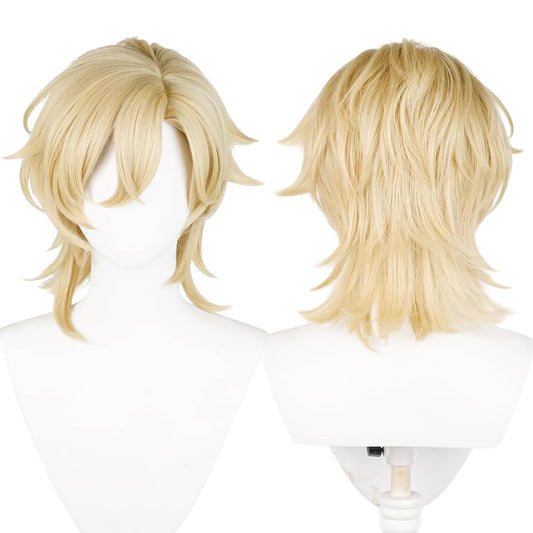 Gorgewg for Aventurine Cosplay Wig Star Rail HSR 40cm Short Blonde Side Part Layered Roleplay Costume Wigs Synthetic Hair