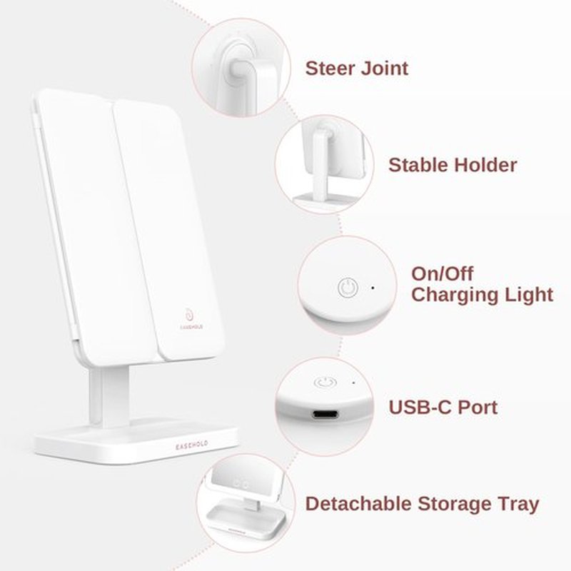 EASEHOLD Makeup Mirror Vanity Mirror with Lights, 2X 3X Magnification, 2200 mAh Rechargable, Lighted Makeup Mirror, Touch Control, Trifold Makeup Mirror, Gifts for Girls & Women