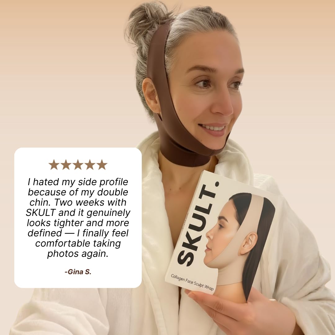 SKULT Collagen Face Sculpt Wrap for Chin & Jawline 2 PCS, Reusable Chin Strap for Sleeping, Adjustable Jawline Shaper Mask, Breathable Skin-Friendly Face Wrap (Beige)