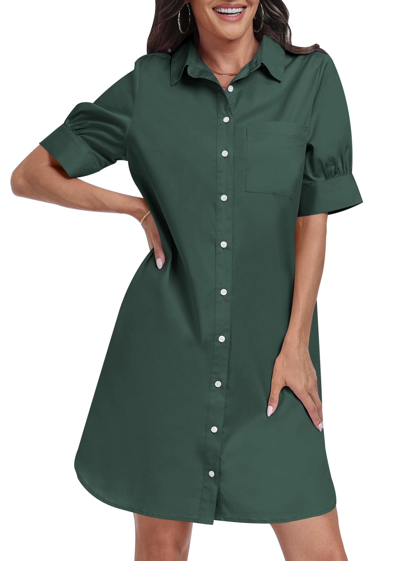 ANRABESS Womens Button Down Shirt Dress Summer Short Sleeve Business Casual Shift Dresses with Pockets 2026 Trendy Army Green Small