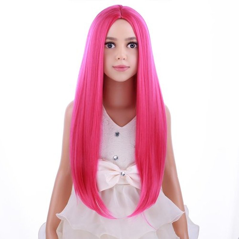PATTNIUM Child Kids Hot Pink Wig Long Straight Pink Wig for Kids Girls Magenta Wig Neon Pink Rose Pink Wig Long Middle Part Sythetic Wig with Wig Cap