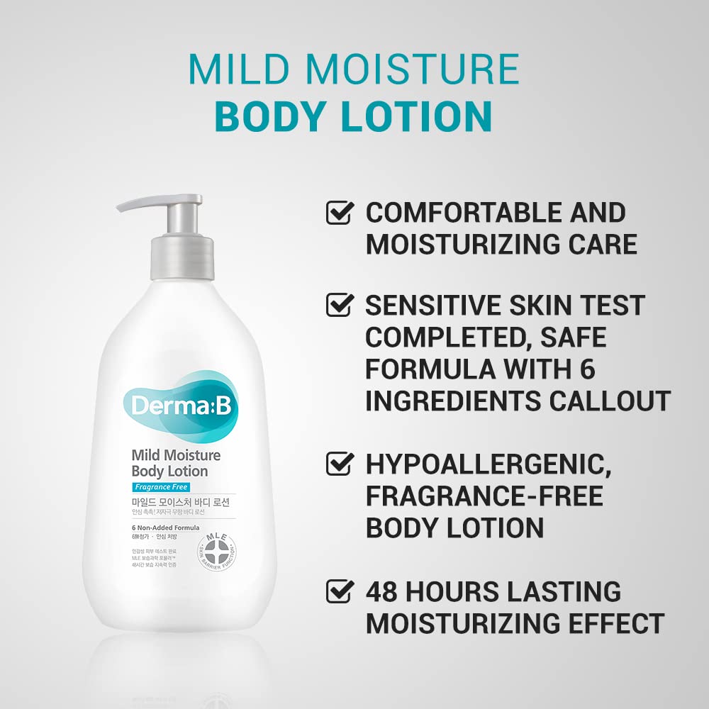 Derma B | Mild Moisture Body Lotion | Body Moisturizer for Sensitive Skin | Body Lotion for Extremely Dry Skin | Non-Irritating | Unscented Fast-Absorbing Cream | Korean Skincare | 13.5 fl oz (400ml)