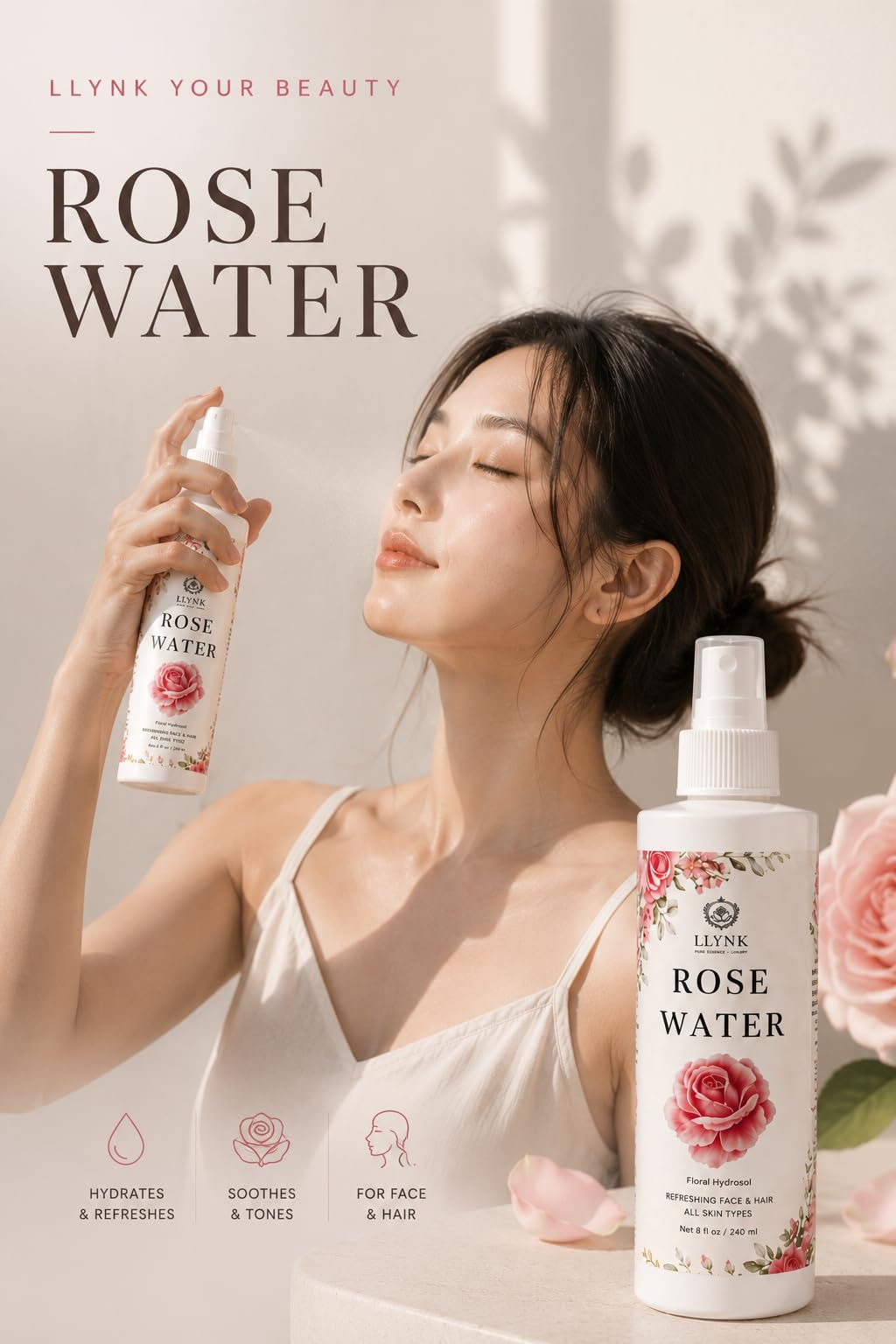 LLYNK Rose Water Facial & Hair Spray, 8 fl oz Hydrating Mist, Refreshing Toner for Skin & Scalp, Alcohol-Free, Hydrates and Soothes