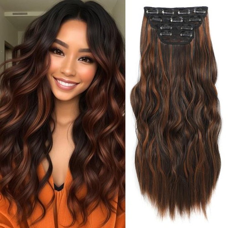 Clip In Hair Extensions Natural Black with Highlights Hair Extensions Clip ins Smooth and Tangle Free Lightweight Lace Net 4PCS Synthetic Hairpieces
