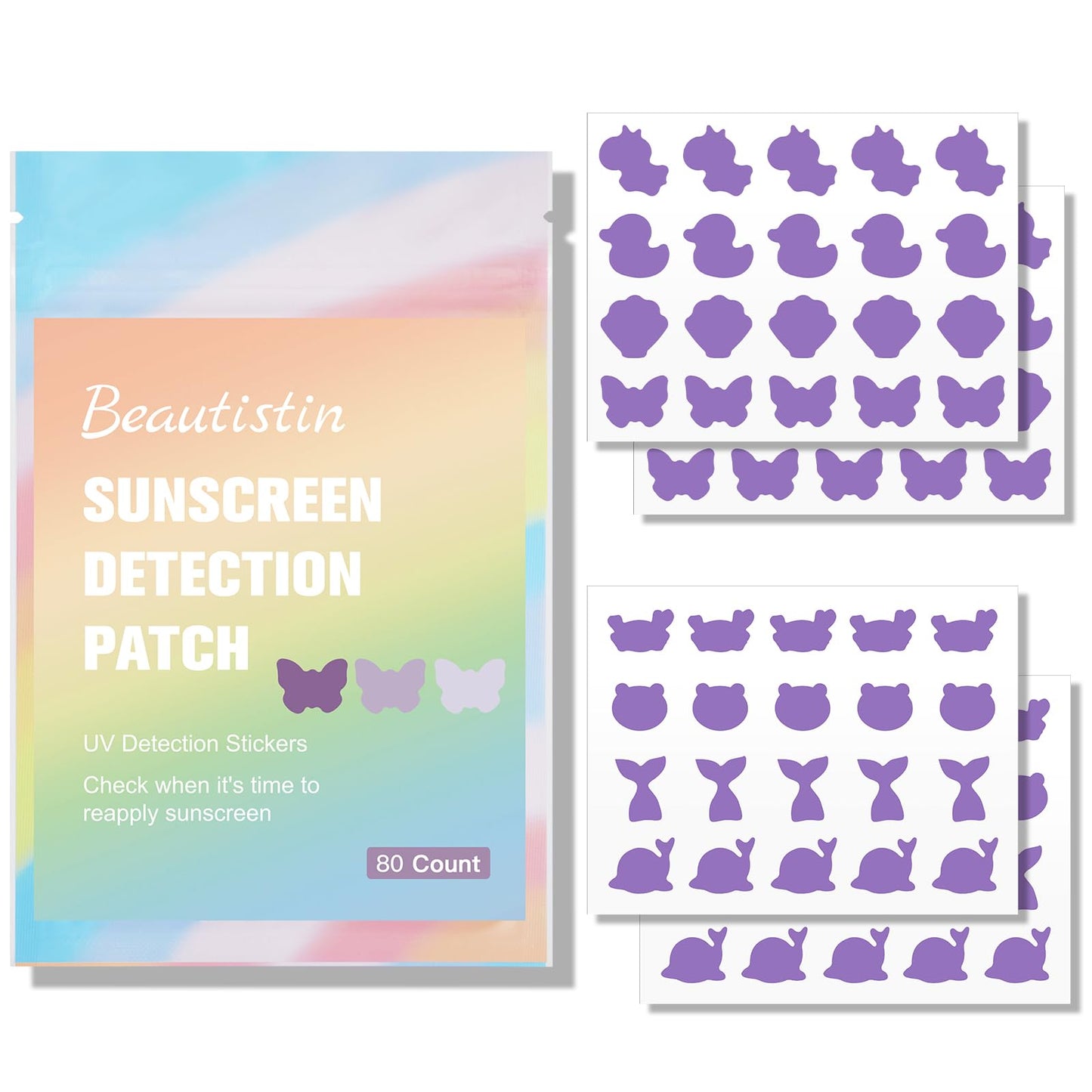 UV Detection Stickers for Sunscreen - 80 Count UV Detection Stickers, Know When to re-Apply Sunscreen, Sun Protection Reminder, 8 Cute Pattern Types