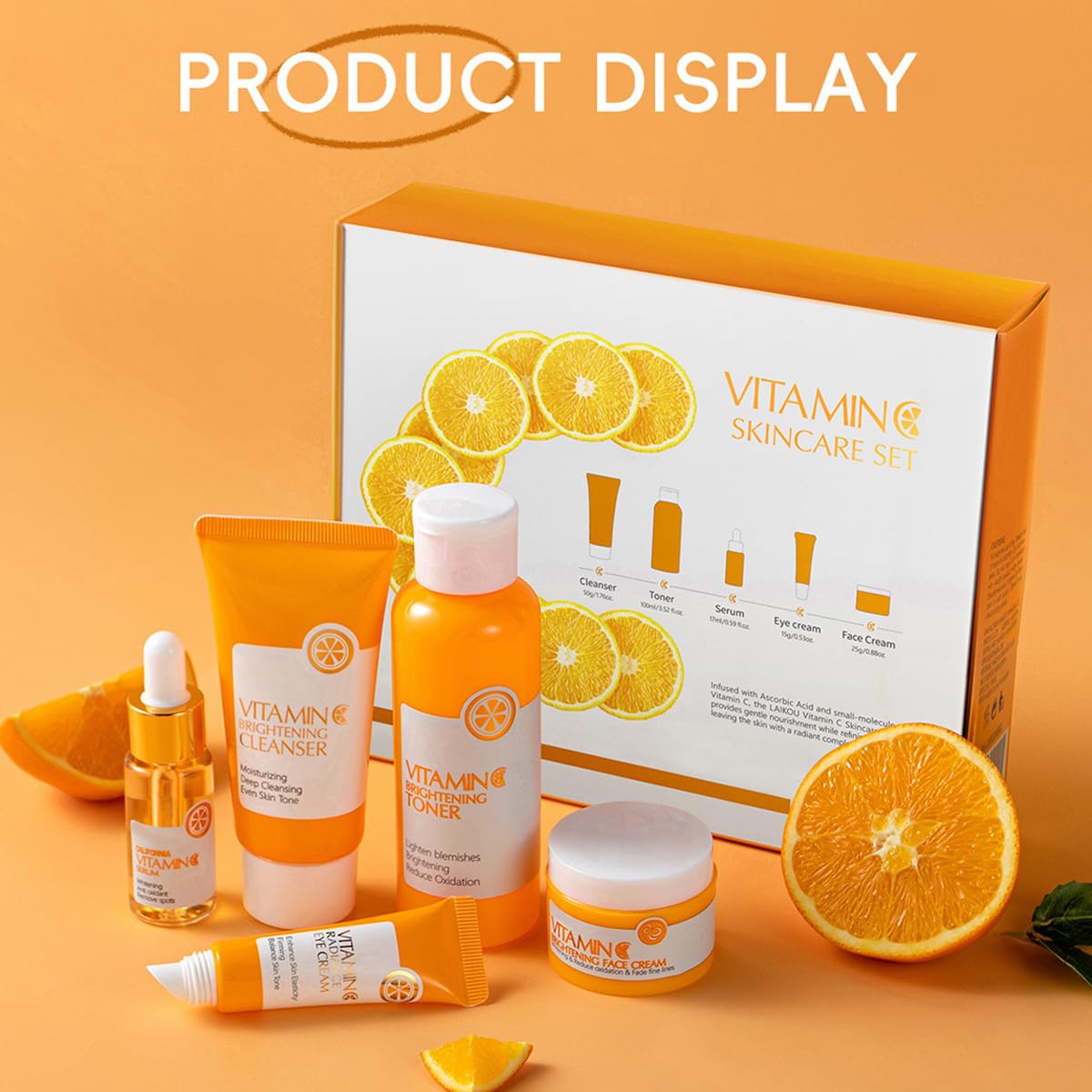 XTJXTJ Vitamin C Skincare Set, Complete Face Care Kit with Cleanser, Toner, Serum, Eye Cream and Face Cream