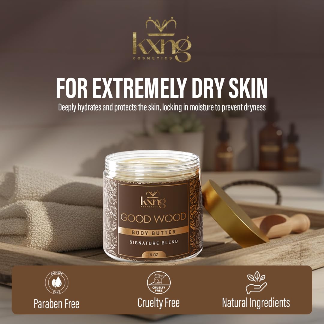 KXNG Cosmetics Organic Shea Body Butter Cream – 4oz | Mens Body Butter for Black Men & Women with Shea, Cocoa, Mango & Coconut Oil | Deep Moisturizing Cream for Dry Skin, Hands & Feet – Good Wood