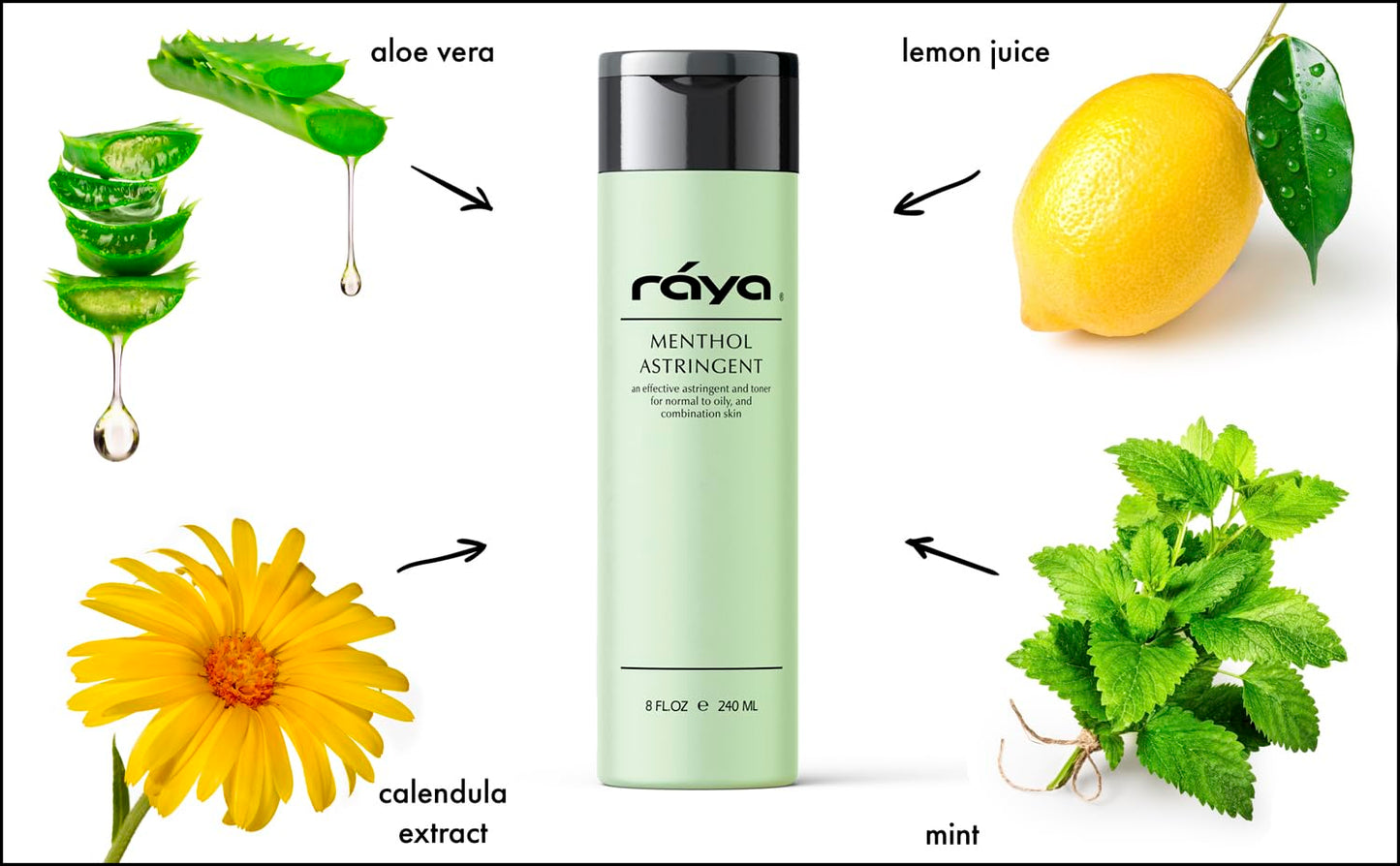 RAYA Menthol Astringent 8 oz (203) | Effective Facial Toner for Combination and Partially Oily Skin Prone to Break-Outs | Helps Refine, Tighten, and Protect pH Balance | Cools, Refreshes and Soothes