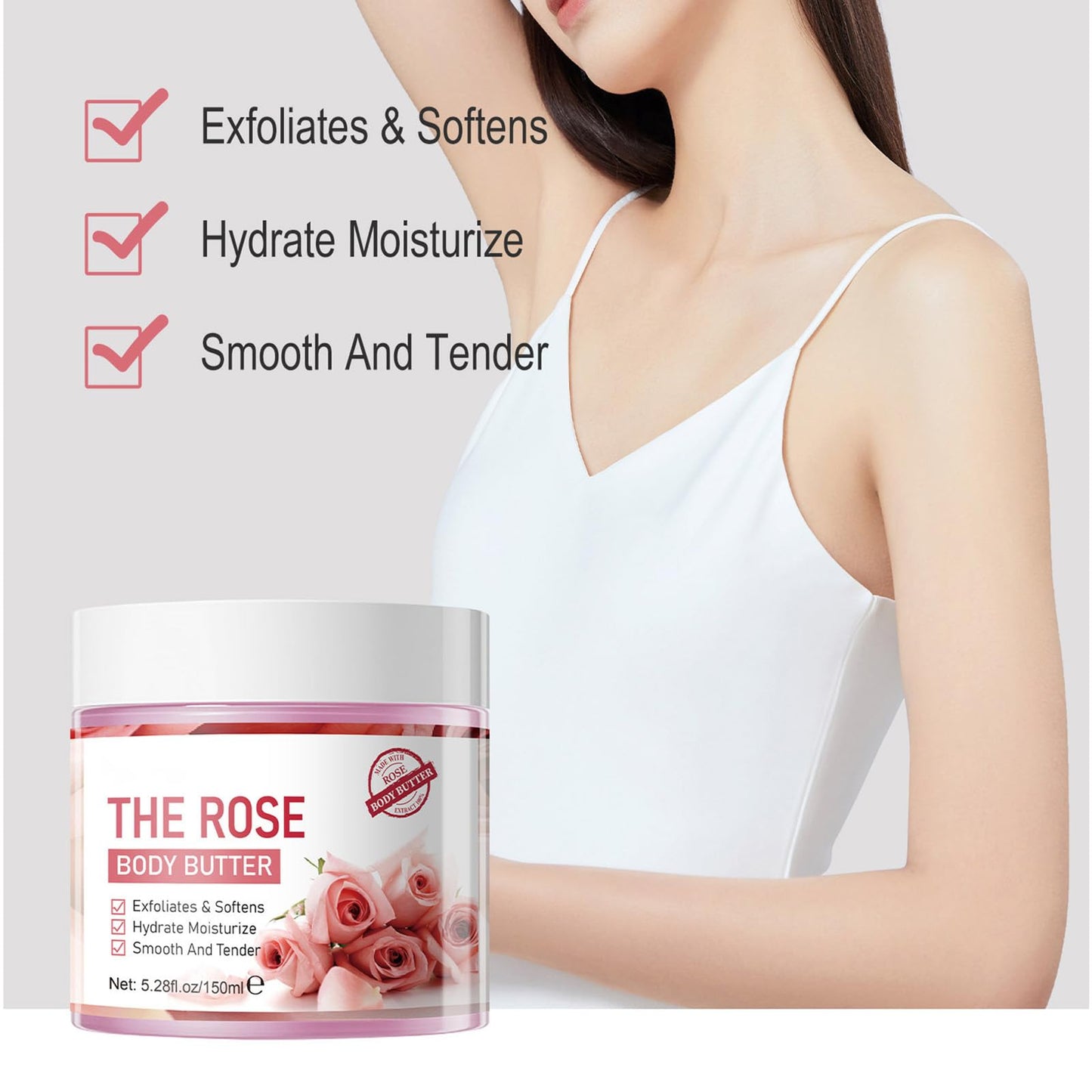 Grospe Rose Body Butter for Dry Skin,with Natural Rose Oil,Exfoliates & Softens,Hydrate Moisturize Smooth And Tender - 5.28 FL OZ