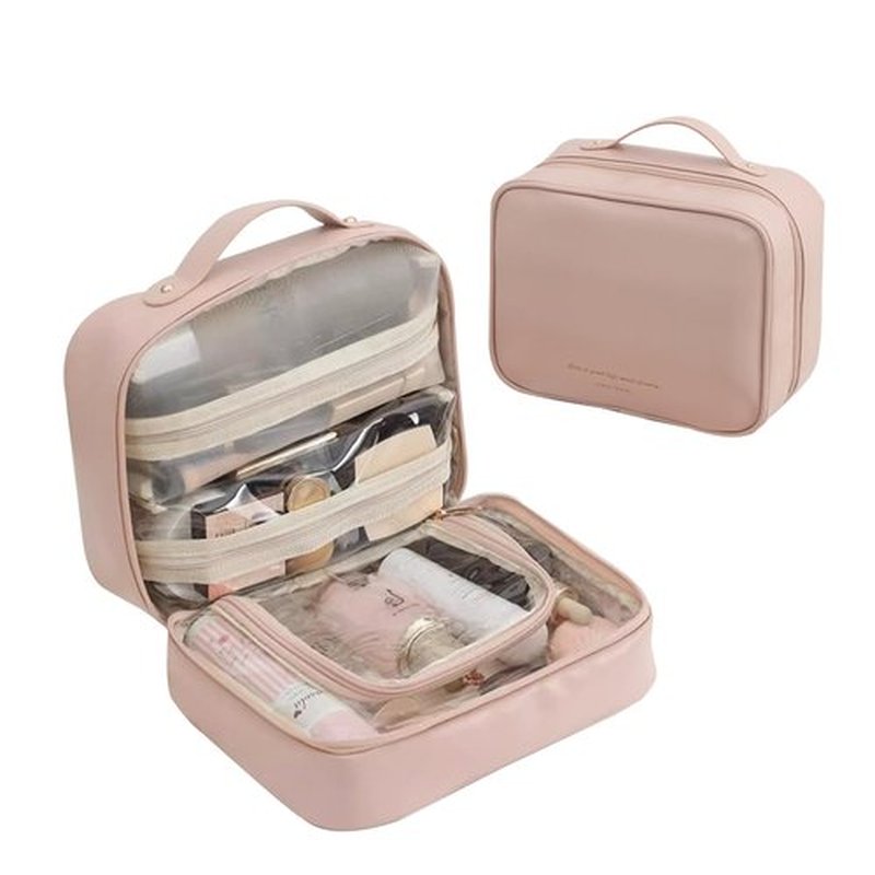 Doblopup Multi Compartment Toiletry Cosmetic Bag, PU Large makeup bag with compartments, Set Patient Multi Compartment Toiletry Cosmetic Bag For Women Girls Travel makeup bag with compartments (Pink)