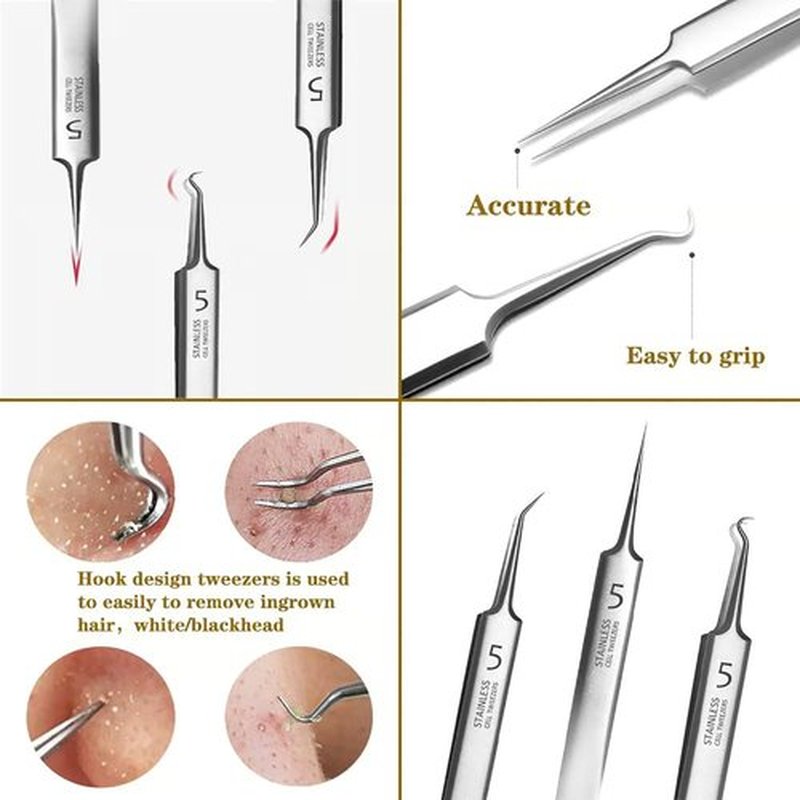 Usiveinborn Blackhead Remover, Usiveinborn Tweezers, Blackhead Tweezers, Professional Facial Blackhead Remover Tweezers, Stainless Steel Precision Pimple Popper Tool Kit (Set B)