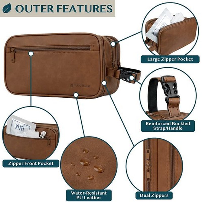 PAVILIA Toiletry Bag for Men, Travel Toiletries Bag | Water-resistant Dopp Kit, PU Leather Shaving Pouch Organizer for Accessories, Cosmetic, Hygiene, Grooming Essentials (Brown)