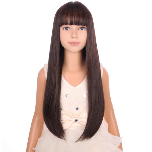 PATTNIUM Long Brown Wig with Bangs for Kids Child Mixed Brown Long Girls Wigs Girls Synthetic Cosplay Party Rose Net Wig