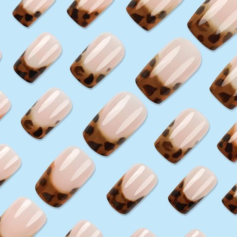 24Pcs Nude Press On Nails Medium Coffin Nails French Tip Fake Nails with Leopard Print Designs French Acrylic Nails Full Cover Glossy False Nails Leopard Pattern Stick on Nails for Women Nail Supplies