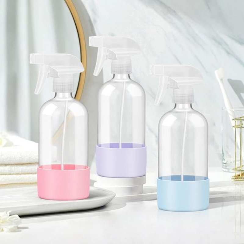Rionisor Glass Spray Bottles with Silicone Sleeve Protection, Empty 16 oz Refillable Containers, Reusable Spray Bottles with Adjustable Nozzle for Hair, Cleaning Solutions, 3 Pack Pink&Blue&Purple