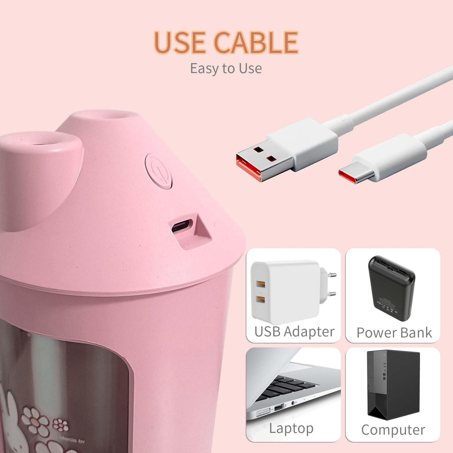 Mipow x miffy BTA700M Cool Mist Humidifier for Bedroom,Ultrasonic Quiet Humidifier with Night Light,450 ML Double Spray Humidifiers for Nursery,Office Indoor Plants (Pink), Gift for Father's Day