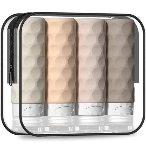 Silevoler Travel Bottles for Toiletries, 4pcs Tsa Approved 3oz Travel Size Containers, BPA Free Leak Proof Premium Silicone Travel Bottles, Refillable Liquid Travel Accessories W/Toiletry Bag(Cream)