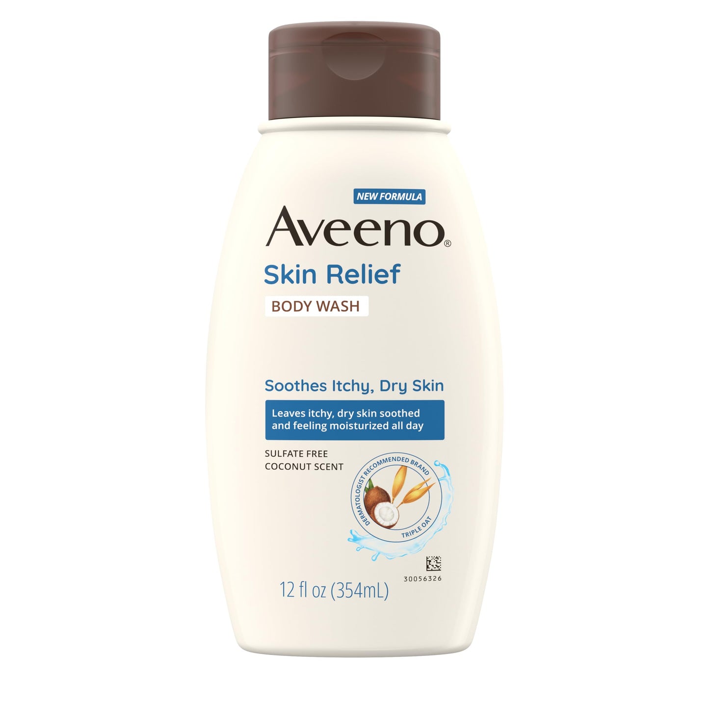 Aveeno Skin Relief Body Wash with Coconut Scent & Soothing Oat, Gentle Soap-Free Body Cleanser for Itchy, Dry & Sensitive Skin, Dye-Free & Allergy-Tested, 12 fl. oz