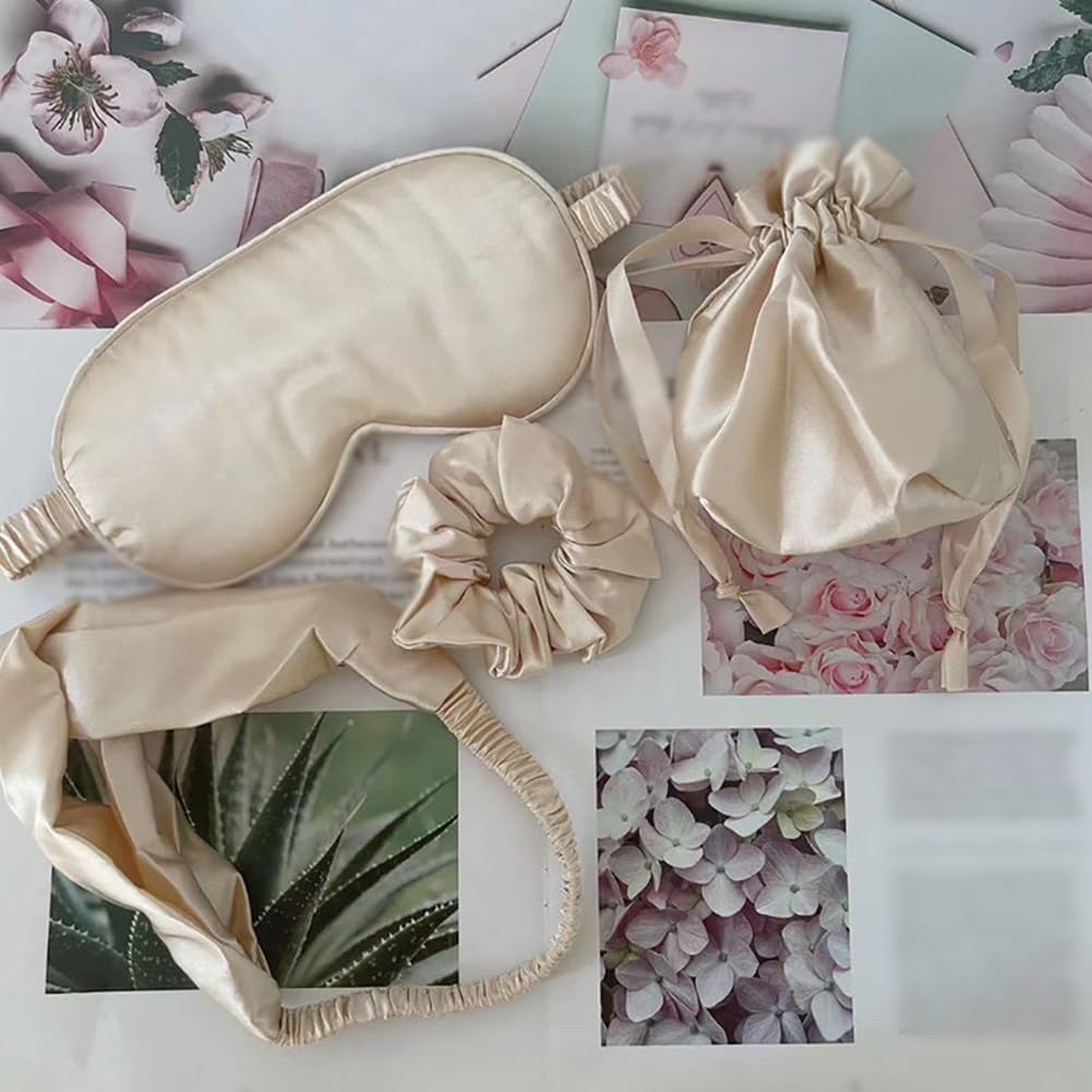 UUYYEO 4 Pcs Artificial Silk Sleep Masks Hair Scrunchies Headband and Pouches Soft Eye Mask Cover Stain Blackout Blindfold for Sleeping Wedding Bridesmaid Gifts Beige