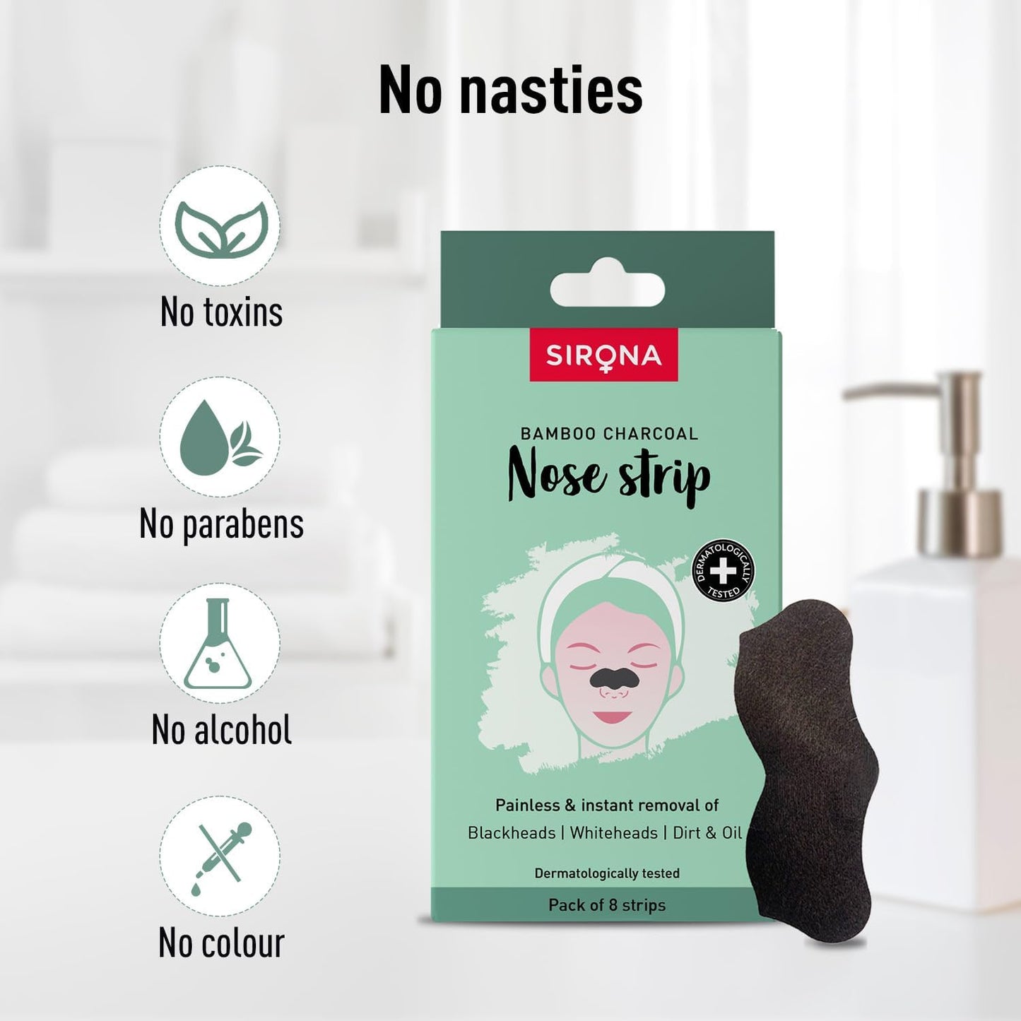 Sirona Blackhead Remover Bamboo Charcoal Nose Strips for Women – Pack of 8 | Painless & Instant Removal of Whiteheads, Blackheads, Pore Cleanser, Dirt & Oil