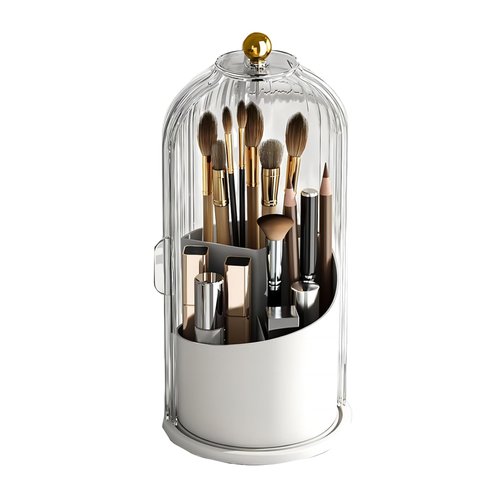 Zufudo Makeup Brush Holder Organizer with Lid 360° Rotating Makeup Organizer Countertop Dustproof Cosmetics Organizer for Vanity Bathroom, Transparent