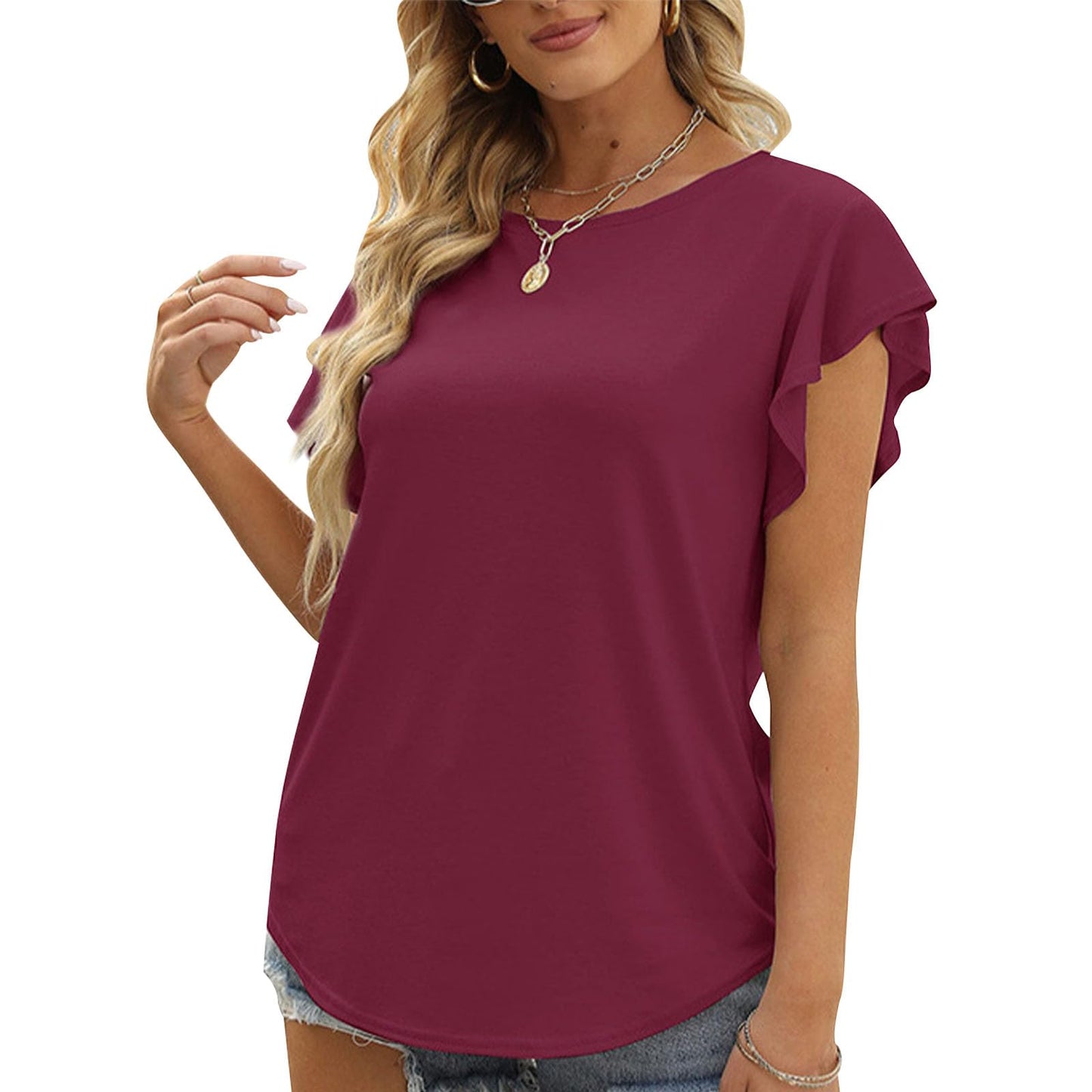 Womens Ruffle Sleeve Tunic T-Shirt Short Sleeve Crew Neck Solid Color Shirt Loose Fit Fashion Lightweight Casual Summer Date Top