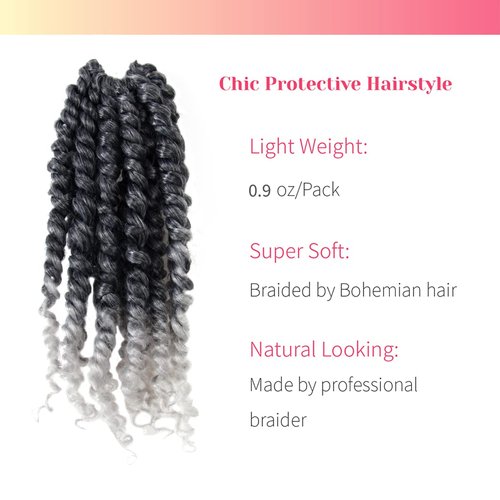 The BOHOBABE Pre-twisted Passion Twist Crochet Hair 6 Inch Short Ombre Gray Pre-looped Crochet Passion Twist Braiding Hair 8 Packs (T1B/grey)